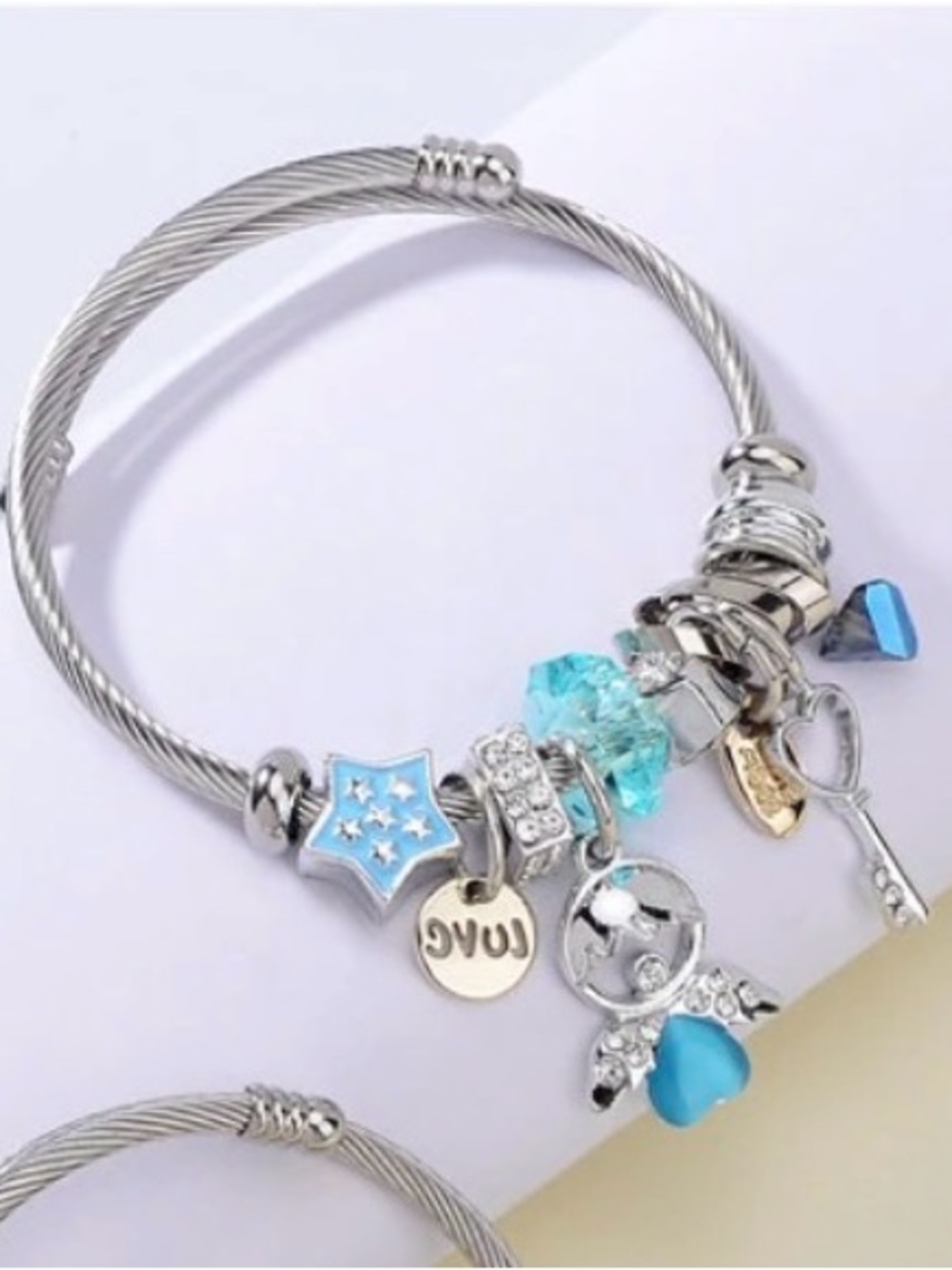 Silver-Tone Cable Love Charm Bracelet with Blue Crystal Accents